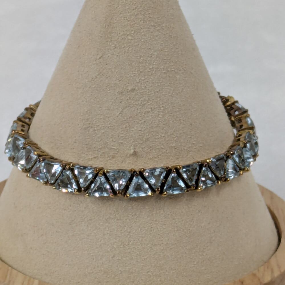 Lab Blue Topaz Trillion Cut Tennis Bracelet 7" S925 10K Gold Vermeil RF Signed - Picture 2 of 7